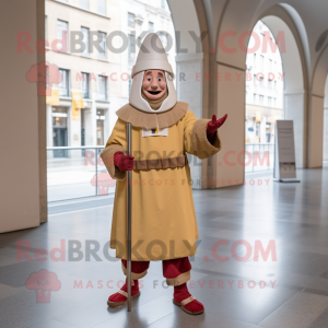 Beige Swiss Guard mascot costume character dressed with a Parka and Caps