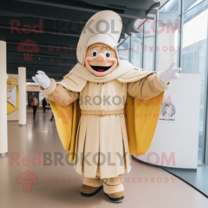 Beige Swiss Guard mascot costume character dressed with a Parka and Caps