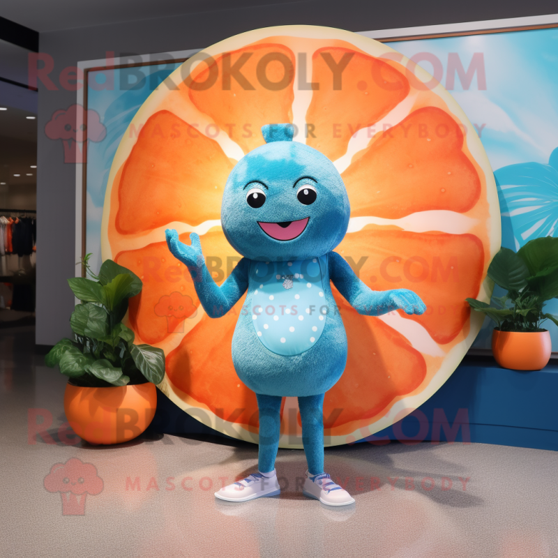 Blue Grapefruit mascot costume character dressed with a One-Piece Swimsuit and Rings