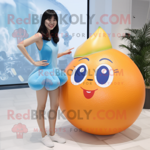 Blue Grapefruit mascot costume character dressed with a One-Piece Swimsuit and Rings