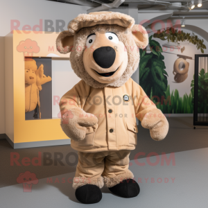Tan Suffolk Sheep mascot costume character dressed with a Chinos and Mittens