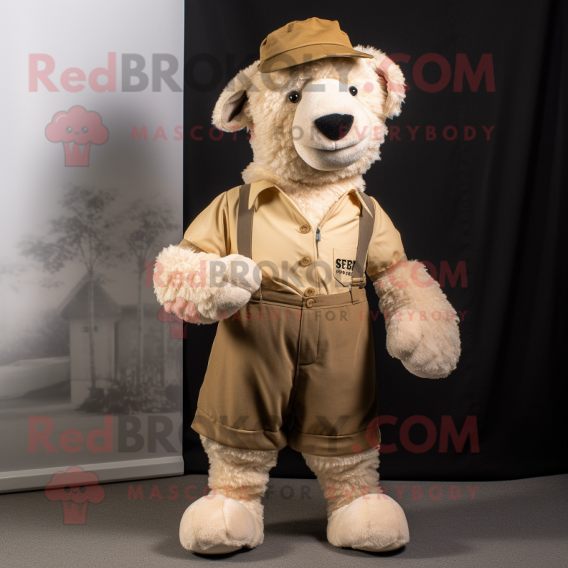 Tan Suffolk Sheep mascot costume character dressed with a Chinos and Mittens Tan Suffolk Sheep mascot costume character dressed with a Chinos and Mittens