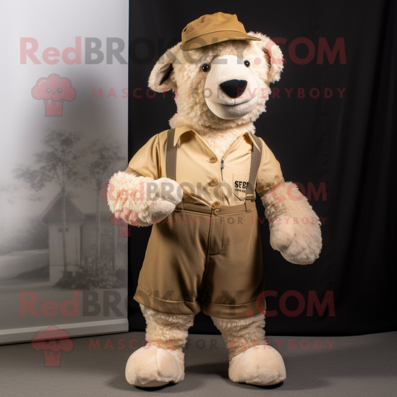 Tan Suffolk Sheep mascot costume character dressed with a Chinos and Mittens