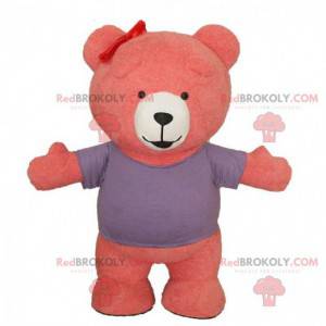 Mascotte de nounours rose et blanc, costume d'ours rose -