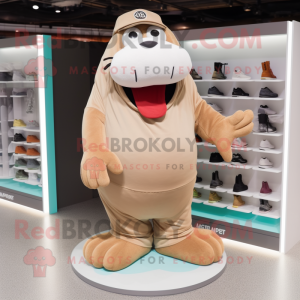 Beige Walrus mascot costume character dressed with a T-Shirt and Shoe laces