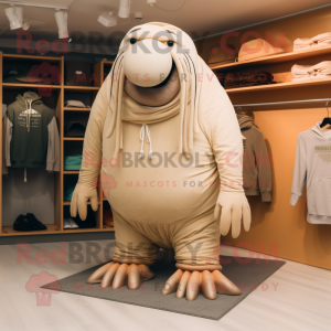 Beige Walrus mascot costume character dressed with a T-Shirt and Shoe laces