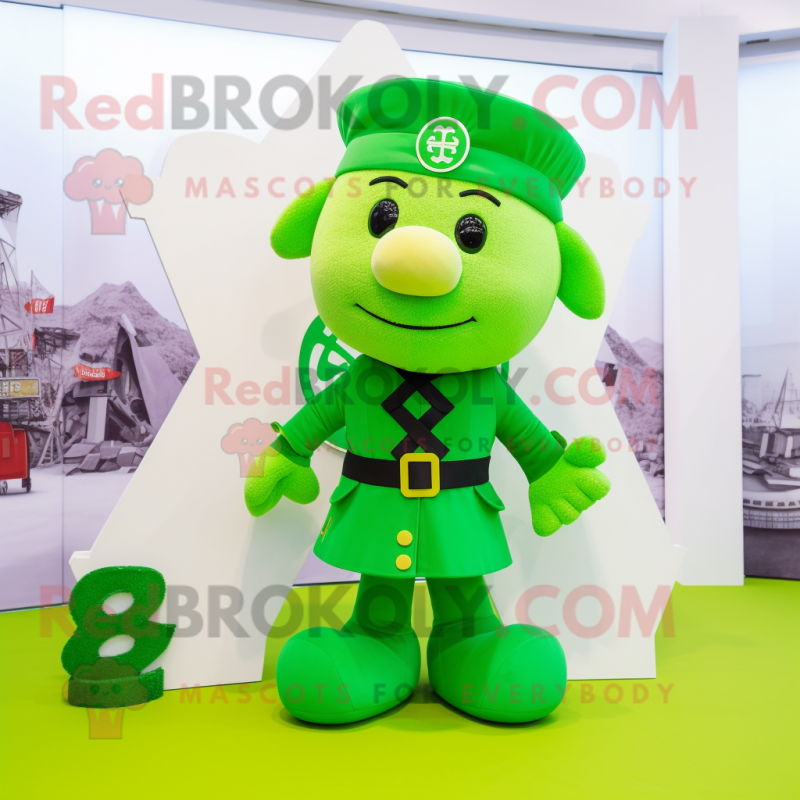 Lime Green Celtic Cross mascot costume character dressed with a Trousers and Berets Lime Green Celtic Cross mascot costume character dressed with a Trousers and Berets