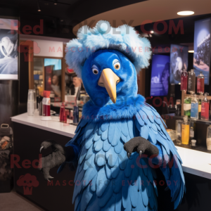 Blue Vulture mascot costume character dressed with a Cocktail Dress and Beanies