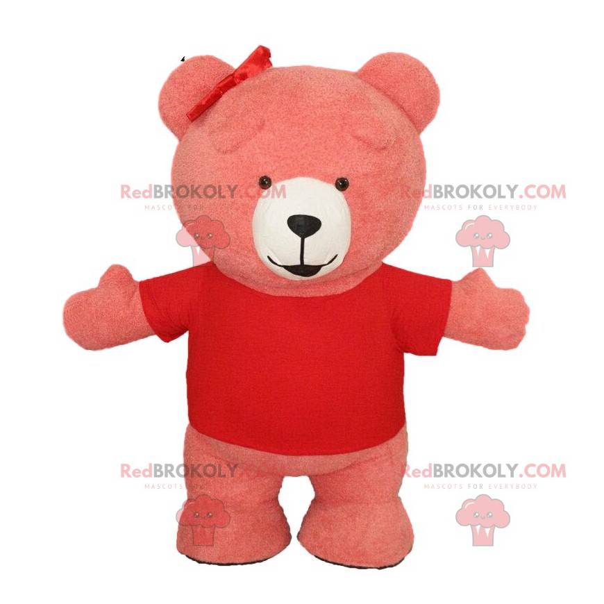 Mascotte de nounours rose géant, costume d'ours rose souriant -