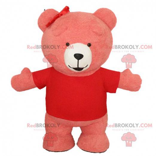 Mascotte de nounours rose géant, costume d'ours rose souriant -