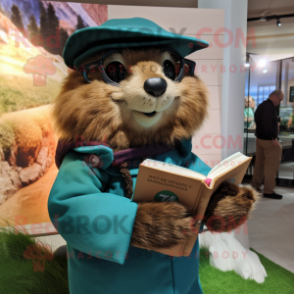 nan Marmot mascot costume character dressed with a Henley Shirt and Reading glasses