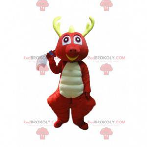 Mascota dragón rojo y blanco con cuernos amarillos -