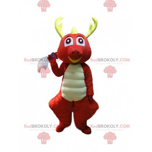 Rød og hvid drage maskot med gule horn - Redbrokoly.com