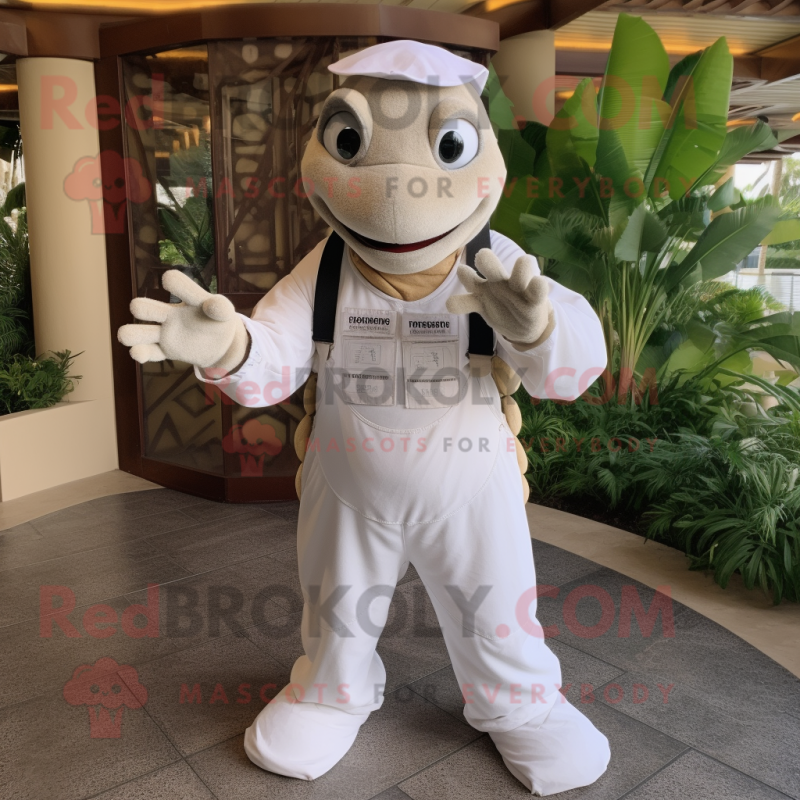 White Sea Turtle mascot costume character dressed with a Overalls and Wraps White Sea Turtle mascot costume character dressed with a Overalls and Wraps