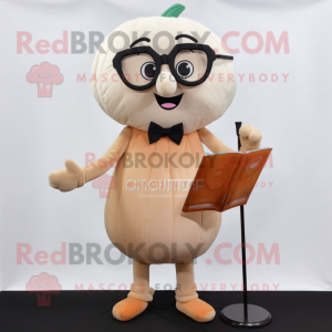 Beige Pumpkin mascot costume character dressed with a Evening Gown and Reading glasses