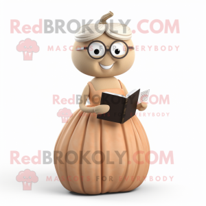 Beige Pumpkin mascot costume character dressed with a Evening Gown and Reading glasses