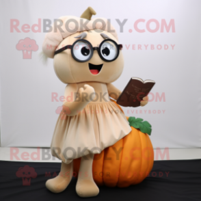 Beige Pumpkin mascot costume character dressed with a Evening Gown and Reading glasses