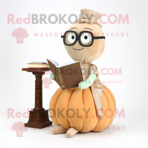 Beige Pumpkin mascot costume character dressed with a Evening Gown and Reading glasses