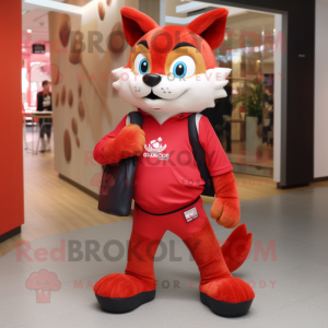 Red Lynx mascot costume character dressed with a Capri Pants and Handbags