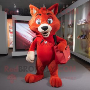 Red Lynx mascot costume character dressed with a Capri Pants and Handbags