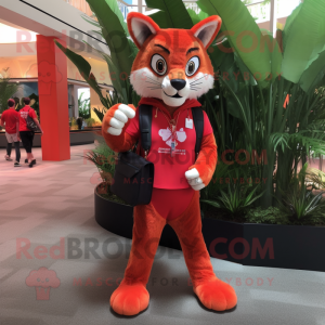 Red Lynx mascot costume character dressed with a Capri Pants and Handbags