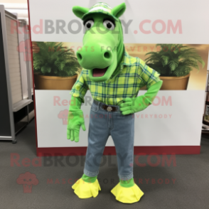 Lime Green Horse mascot costume character dressed with a Flannel Shirt and Shoe clips