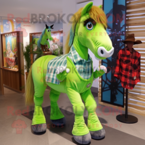 Lime Green Horse mascot costume character dressed with a Flannel Shirt and Shoe clips