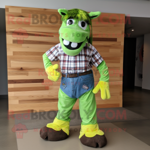 Lime Green Horse mascot costume character dressed with a Flannel Shirt and Shoe clips