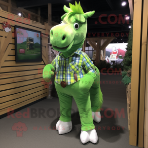 Lime Green Horse mascot costume character dressed with a Flannel Shirt and Shoe clips