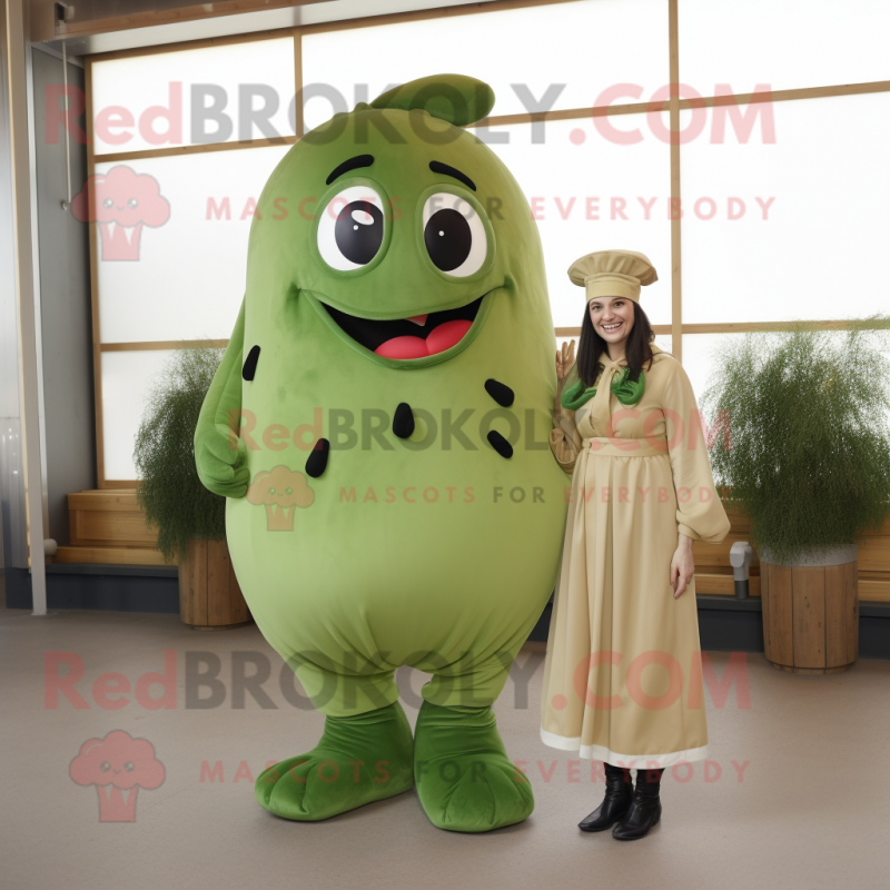 Olive Steak mascot costume character dressed with a Jumpsuit and Hair clips