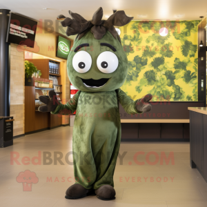 Olive Steak mascot costume character dressed with a Jumpsuit and Hair clips