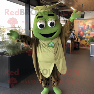 Olive Steak mascot costume character dressed with a Jumpsuit and Hair clips