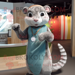 Gray Weasel mascot costume character dressed with a Wrap Dress and Headbands