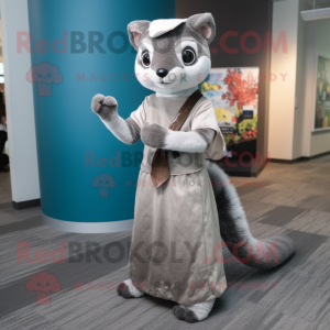 Gray Weasel mascot costume character dressed with a Wrap Dress and Headbands