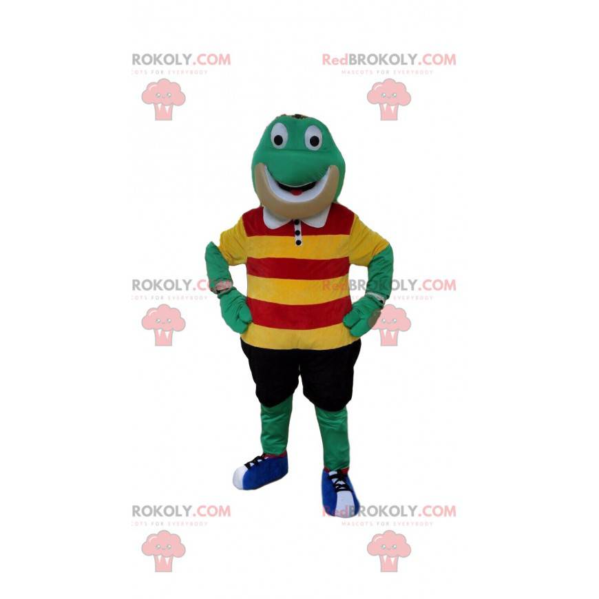 Green frog mascot with colorful clothes - Redbrokoly.com