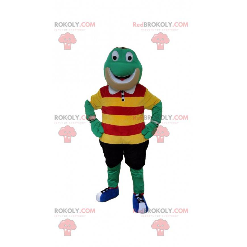 Grünes Froschmaskottchen mit bunten Kleidern - Redbrokoly.com