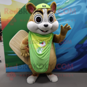 Lime Green Chipmunk mascot costume character dressed with a Board Shorts and Shawls