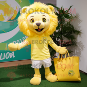 Lemon Yellow Lion mascot costume character dressed with a Blouse and Tote bags