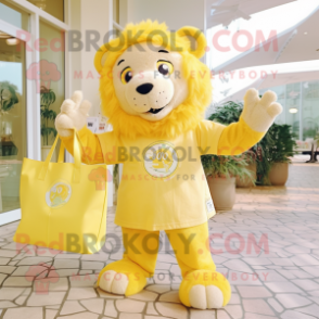 Lemon Yellow Lion mascot costume character dressed with a Blouse and Tote bags