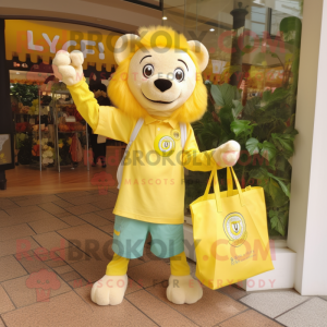 Lemon Yellow Lion mascot costume character dressed with a Blouse and Tote bags