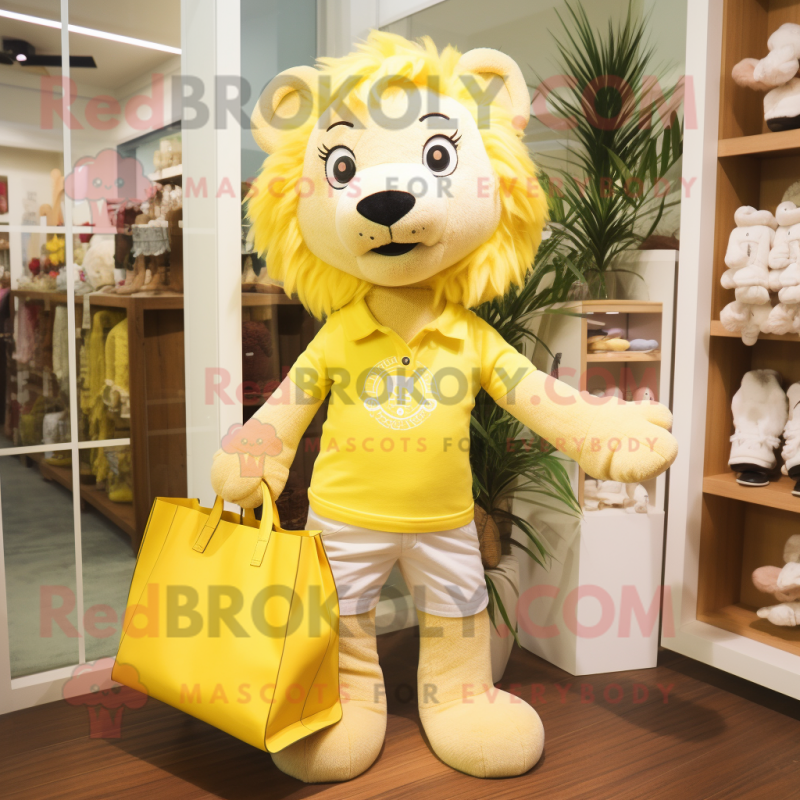 Lemon Yellow Lion mascot costume character dressed with a Blouse and Tote bags