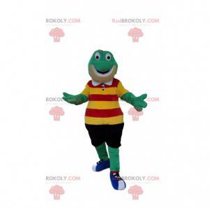 Grünes Froschmaskottchen mit bunten Kleidern - Redbrokoly.com