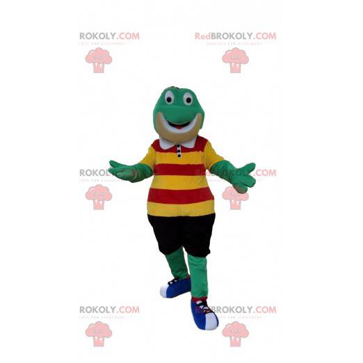 Grünes Froschmaskottchen mit bunten Kleidern - Redbrokoly.com