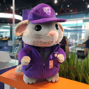 Purple Hamster mascot costume character dressed with a Polo Tee and Berets
