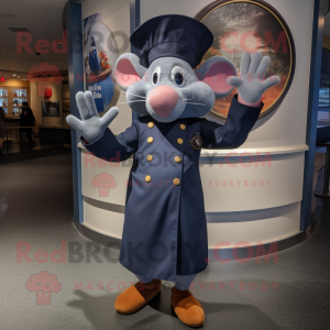 Navy Ratatouille mascot costume character dressed with a Dress Pants and Watches