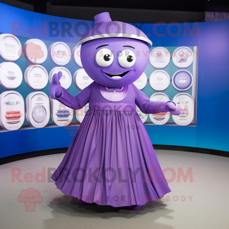 Purple Plate Spinner mascot costume character dressed with a Pleated Skirt and Cufflinks