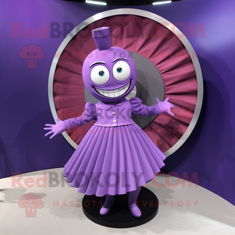 Purple Plate Spinner mascot costume character dressed with a Pleated Skirt and Cufflinks