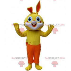 Mascotte de lapin jaune avec un pantalon orange, costume de