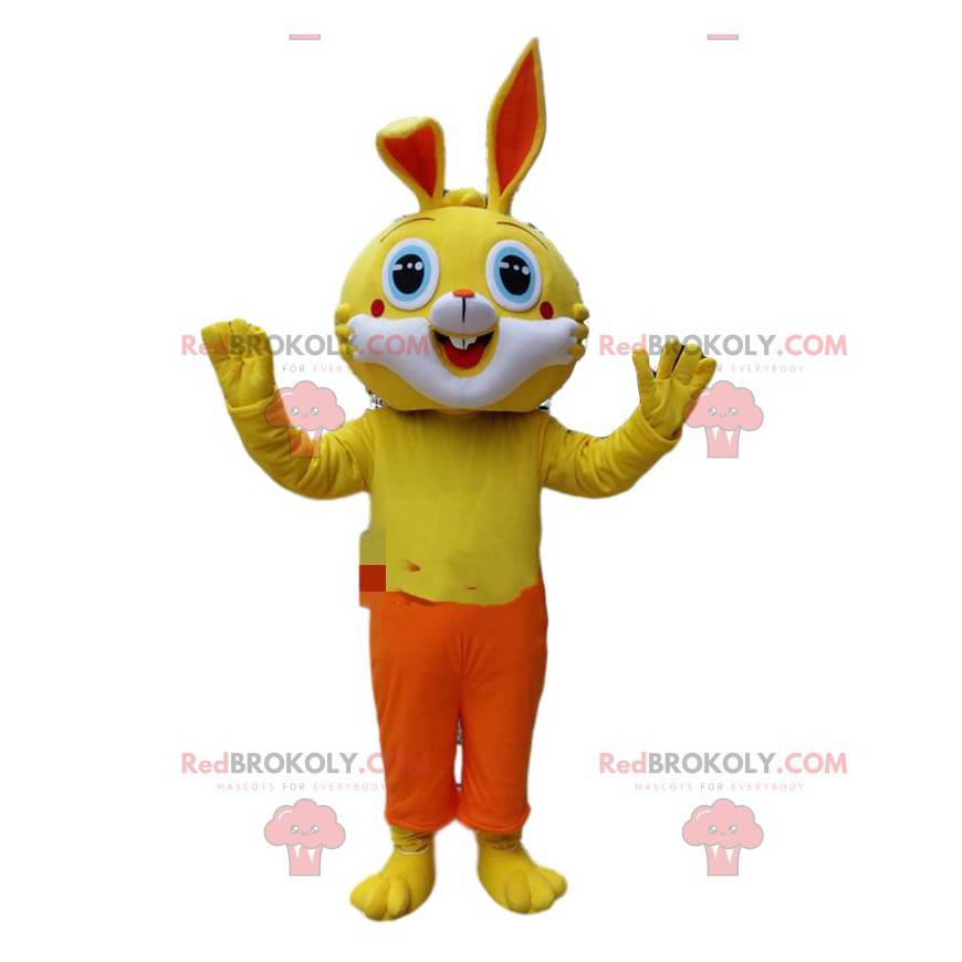 Geel konijn mascotte met oranje broek, konijnenkostuum -