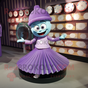 Purple Plate Spinner mascot costume character dressed with a Pleated Skirt and Cufflinks